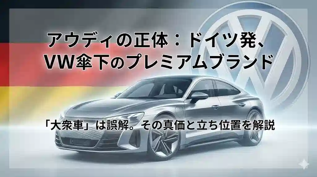 ドイツの国旗カラーとフォルクスワーゲングループのロゴを背景に、高級感のあるアウディの車両が中央に配置され、「ドイツの高級車」「VWグループ傘下のプレミアムブランド」というテキストが添えられたアイキャッチ画像。