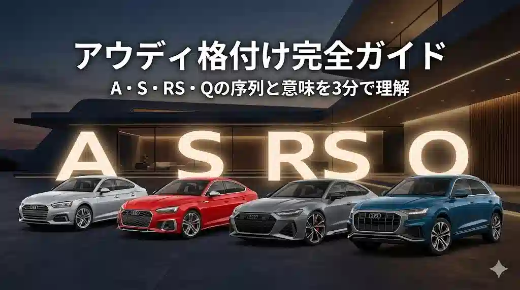 アウディの様々なモデル（セダン、SUV、スポーツカー）が並び、背景に大きく「A」「S」「RS」「Q」の文字が配置された、高級感のあるアイキャッチ画像。