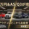 アウディの全車種ラインナップが並ぶショールームの画像。中央に引かれた金色の境界線で、左側の「入門・プレミアム」ゾーン（A1, A3, Q2）と右側の「高級車ゾーン」（A5, Q3, A7, Q8など）が分けられ、「500万円＆A5/Q3が境界線」というテキストが大きく表示されている。