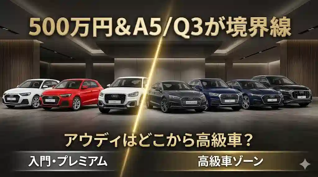 アウディの全車種ラインナップが並ぶショールームの画像。中央に引かれた金色の境界線で、左側の「入門・プレミアム」ゾーン（A1, A3, Q2）と右側の「高級車ゾーン」（A5, Q3, A7, Q8など）が分けられ、「500万円＆A5/Q3が境界線」というテキストが大きく表示されている。