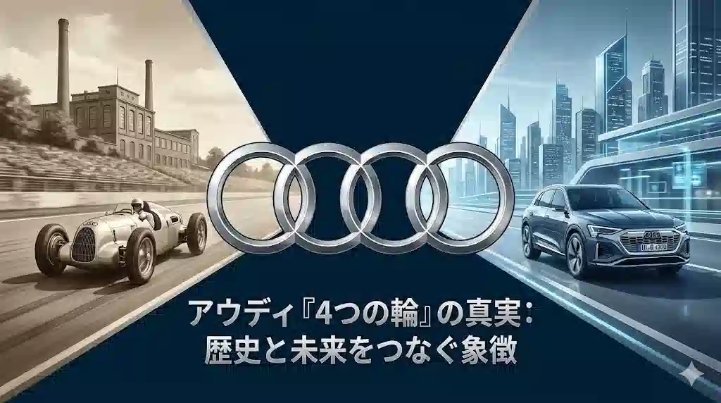 アウディの4つの輪のロゴを中心に、左側には1930年代のクラシックなレーシングカーと工場、右側には現代の電気自動車SUVと未来的な都市景観が描かれた、歴史と未来を融合させたイラスト。