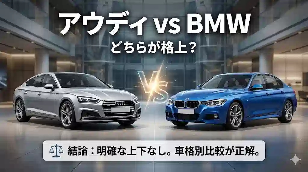 アウディとBMWのセダンが対峙し、「アウディ vs BMW どちらが格上？」というテキストが表示されたアイキャッチ画像。