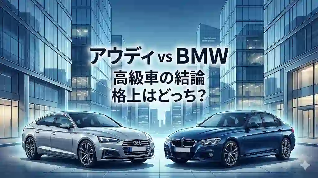 近未来的な都市を背景に並ぶアウディA5とBMW 3シリーズ。「アウディ vs BMW 高級車の結論 格上はどっち？」というタイトルテキストが配置されている。