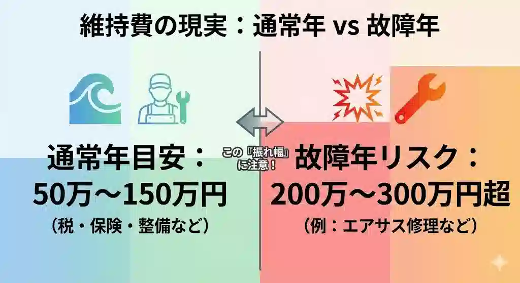 ベントレーの維持費を示すインフォグラフィック。左側の「通常年」は穏やかな青色で50万〜150万円、右側の「故障年」は警告色の赤色で200万〜300万円超と大きく表示され、中央に「振れ幅に注意」のアイコンがある。