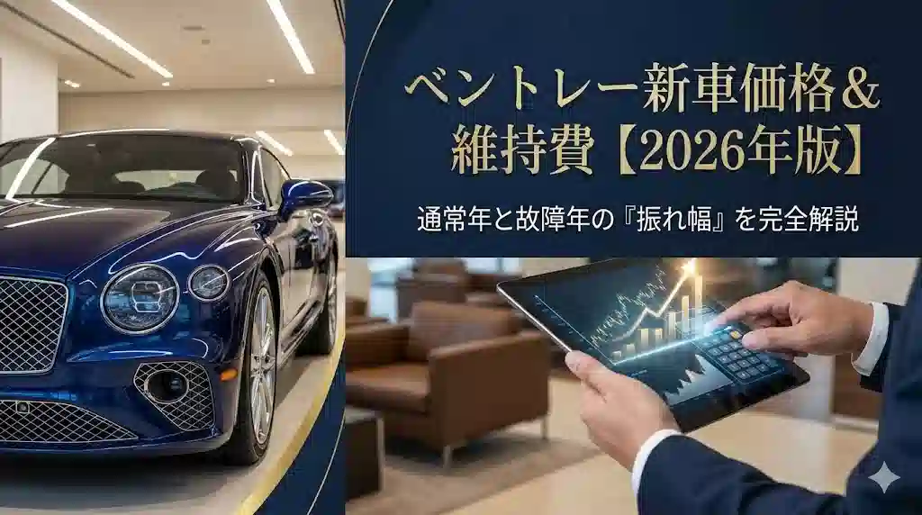 高級感あふれるベントレー・コンチネンタルGTの前で、電卓とグラフが表示されたタブレットを持つビジネスパーソンの手元。