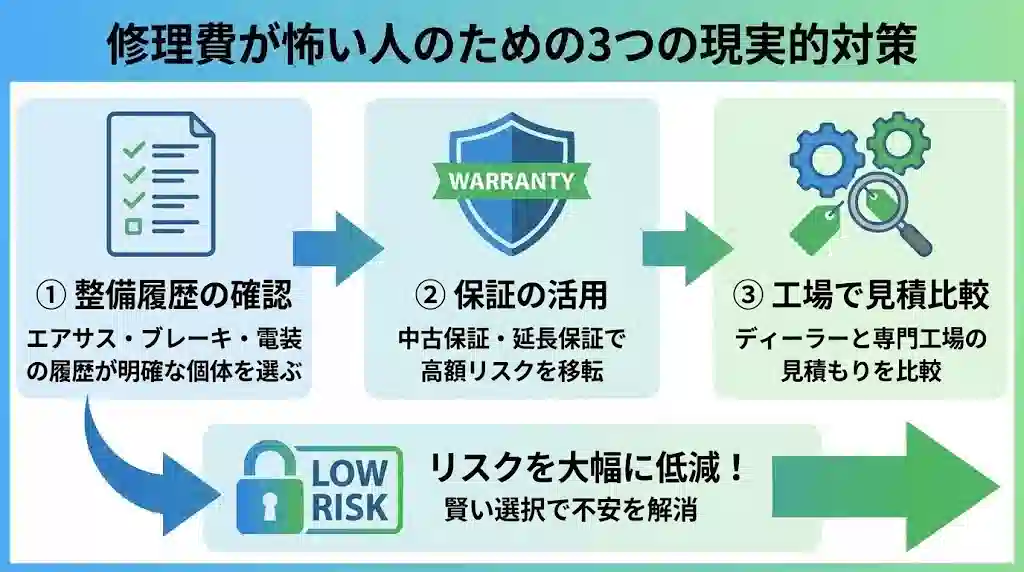 修理費のリスクを減らすための3つのステップを示すフローチャート。「①整備履歴の確認」「②保証の活用」「③工場で見積比較」の各ステップが矢印でつながり、最終的に「リスクを大幅に低減！」という結果に至ることを示すインフォグラフィック。