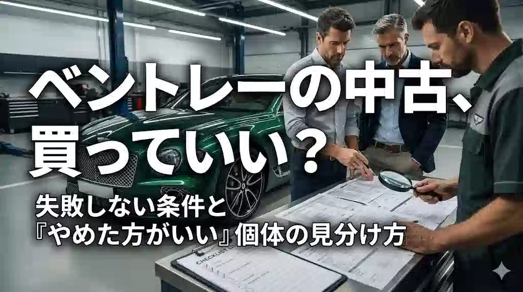 高級ガレージで、ダークグリーンのベントレーの中古車を前に、バイヤーとメカニックが整備記録簿を虫眼鏡で確認している写真。中央に大きな白い文字で「ベントレーの中古、買っていい？」、その下に「失敗しない条件と『やめた方がいい』個体の見分け方」と書かれている。