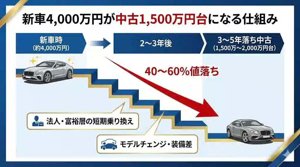 「新車4,000万円が中古1,500万円台になる仕組み」と題されたインフォグラフィック。新車時から2〜3年後、3〜5年落ち中古へと価格が階段状に下落する様子と、その理由（法人乗り換え、モデルチェンジ）を図解。40〜60％の値落ちを示す赤い矢印。