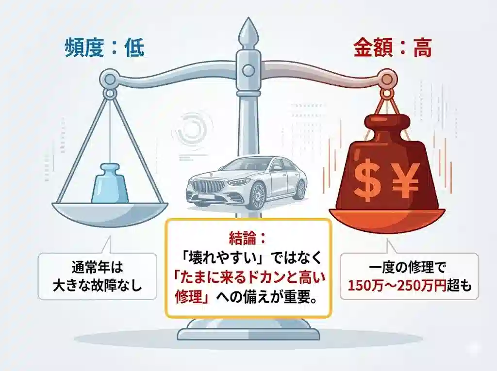 「発生頻度は低いが、一度の金額が大きい」というリスクの構造を、天秤を用いた図解で直感的に解説します。