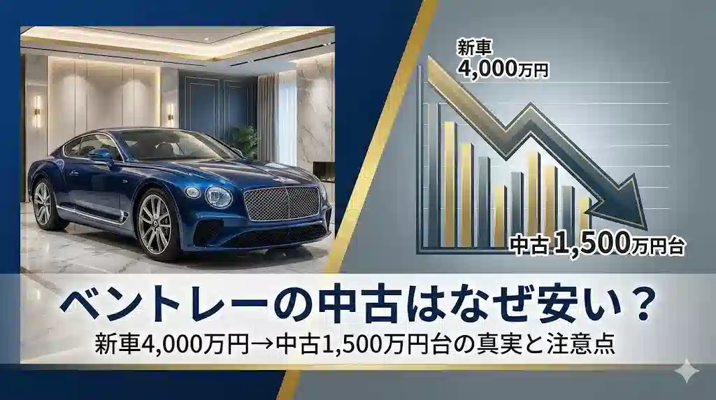 高級なショールームに展示された青いベントレー コンチネンタルGTと、新車4,000万円から中古1,500万円台への急激な価格下落を示す下降グラフ。中央に「ベントレーの中古はなぜ安い？」のタイトルテキスト。