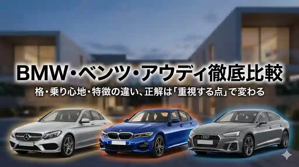 BMW、メルセデス・ベンツ、アウディの最新セダンが並ぶ背景に、「BMW・ベンツ・アウディ徹底比較」という大きなタイトルと「格・乗り心地・特徴の違い、正解は「重視する点」で変わる」というサブタイトルが表示されたアイキャッチ画像。