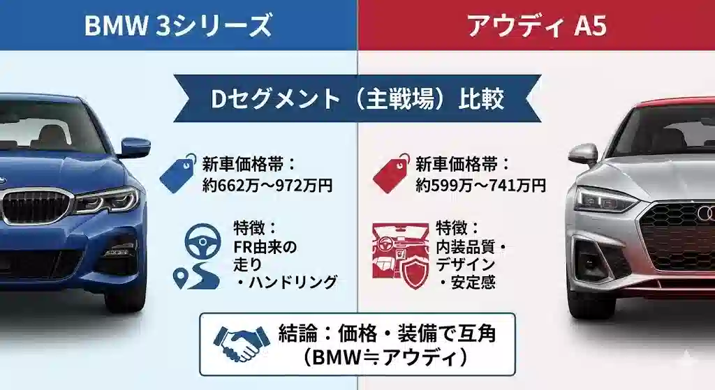 BMW 3シリーズとアウディ A5の新車価格帯と特徴を比較したDセグメントのインフォグラフィック。