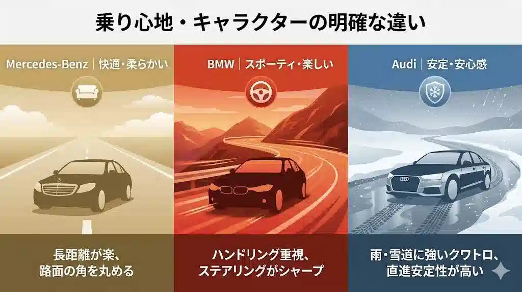 「乗り心地・キャラクターの明確な違い」と題された3分割のインフォグラフィック。左はベンツで「快適・柔らかい」、中央はBMWで「スポーティ・楽しい」、右はアウディで「安定・安心感」という特徴を、それぞれの車のシルエットと背景イメージ（高速道路、峠道、雪道）で表現している。