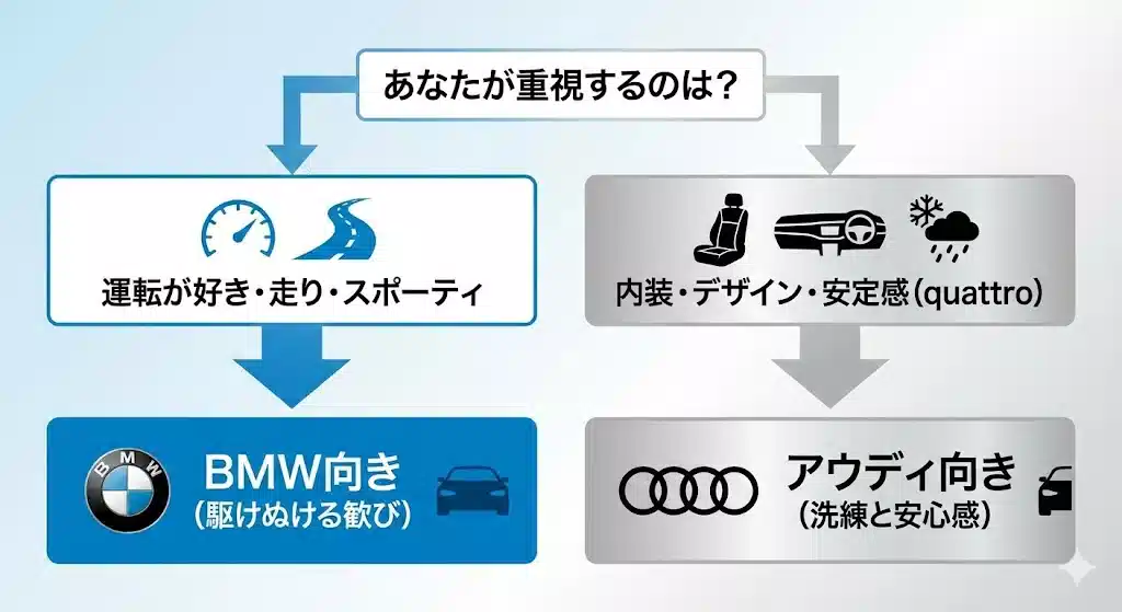 走り重視ならBMW、内装・安定感重視ならアウディという選び方を示すフローチャートのインフォグラフィック。