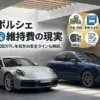 高級ガレージに停まるポルシェ911とマカン。その上に「年間維持費目安 40〜100万円」というテキストと、税金、保険、タイヤなどのアイコンが浮かんでいる。