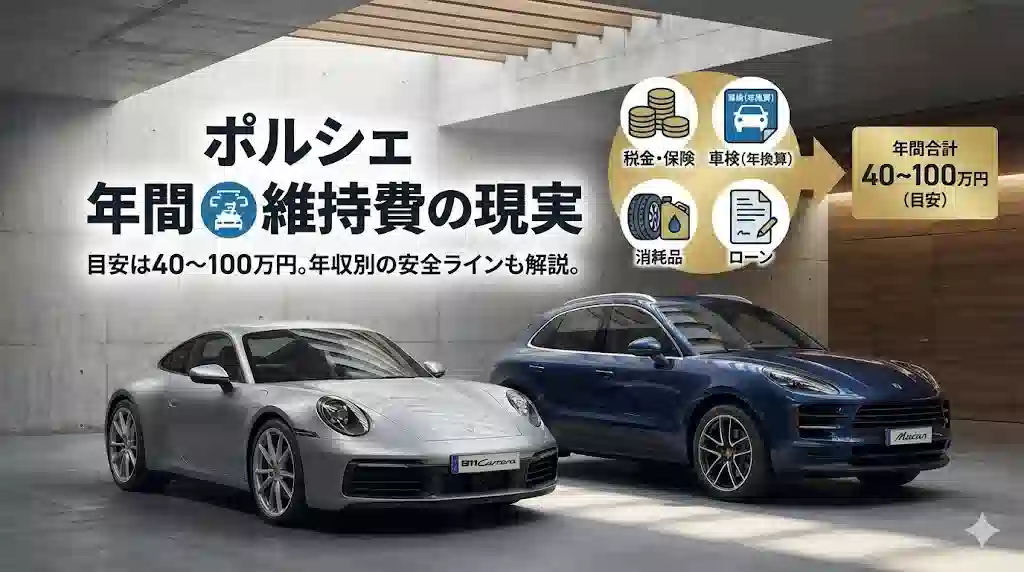 高級ガレージに停まるポルシェ911とマカン。その上に「年間維持費目安 40〜100万円」というテキストと、税金、保険、タイヤなどのアイコンが浮かんでいる。