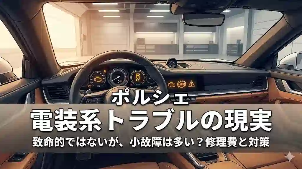 ポルシェのダッシュボードに警告灯が複数点灯しているコックピットの画像。「ポルシェ 電装系トラブルの現実：致命的ではないが、小故障は多い？修理費と対策」という日本語のタイトルテキストが大きく表示されているアイキャッチ。