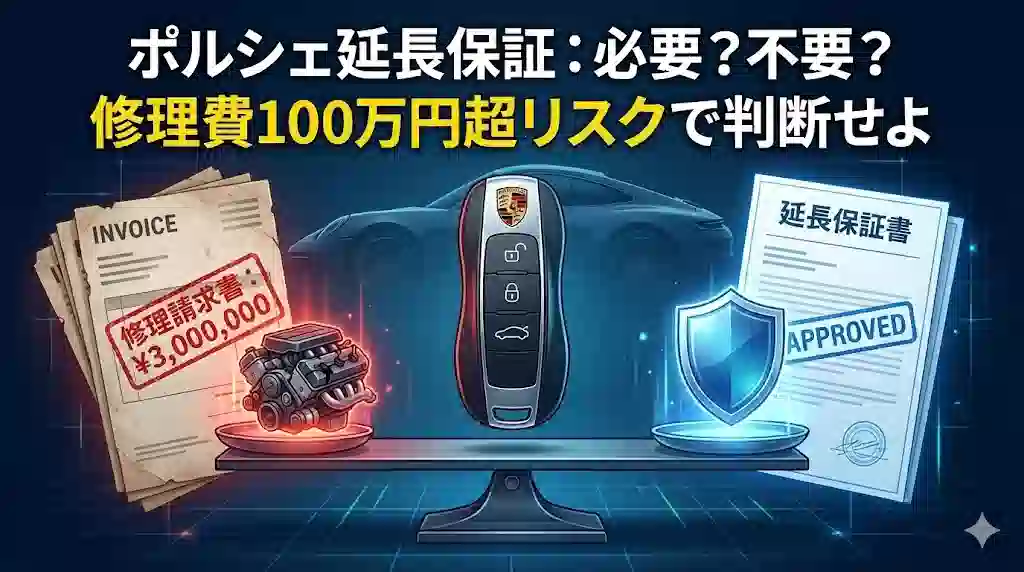 ポルシェの車の鍵の隣に、高額な修理請求書と延長保証書が置かれ、天秤にかけられている様子。背景にはポルシェのシルエットと、テキスト「ポルシェ延長保証：必要？不要？修理費100万円超リスクで判断せよ」が表示されている。