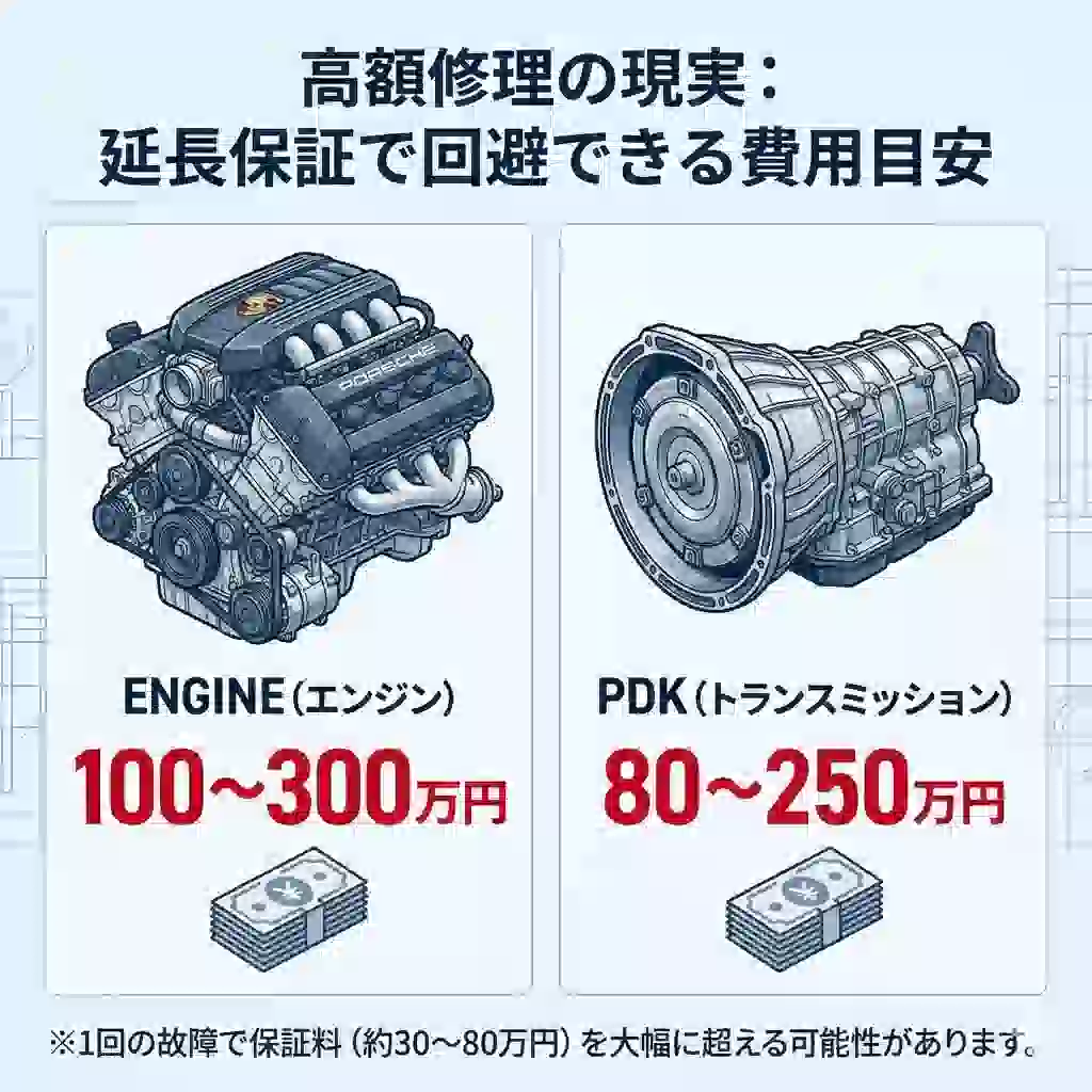 ポルシェの主要部品であるエンジンとPDKのイラストがあり、それぞれの修理費目安が「エンジン 100〜300万円」「PDK 80〜250万円」と大きな数字で示されているインフォグラフィック。