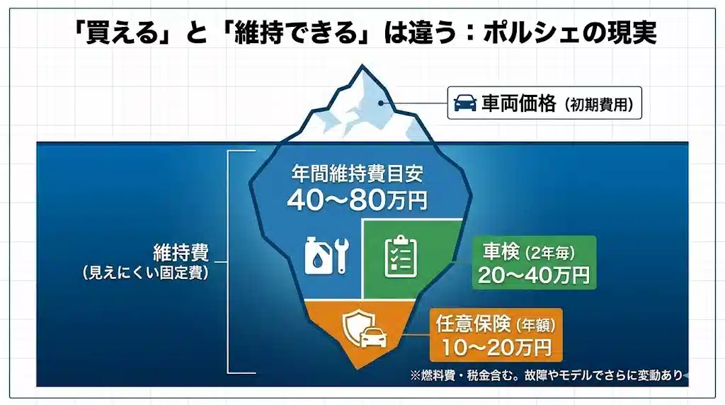 氷山のイラストを用いて、水面上の「車両価格」と水面下の「維持費（年間40〜80万円、車検、保険）」を対比させ、「買える」と「維持できる」の違いを説明したインフォグラフィック。