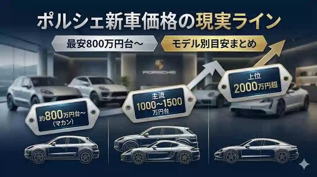 ポルシェ新車価格の現実ラインを示すインフォグラフィック。最安800万円台（マカン）から始まり、主流の1000〜1500万円台を経て、上位2000万円超のモデルへと価格が上昇していく様子を、上昇する矢印と各モデルのシルエットで視覚的に表現している。