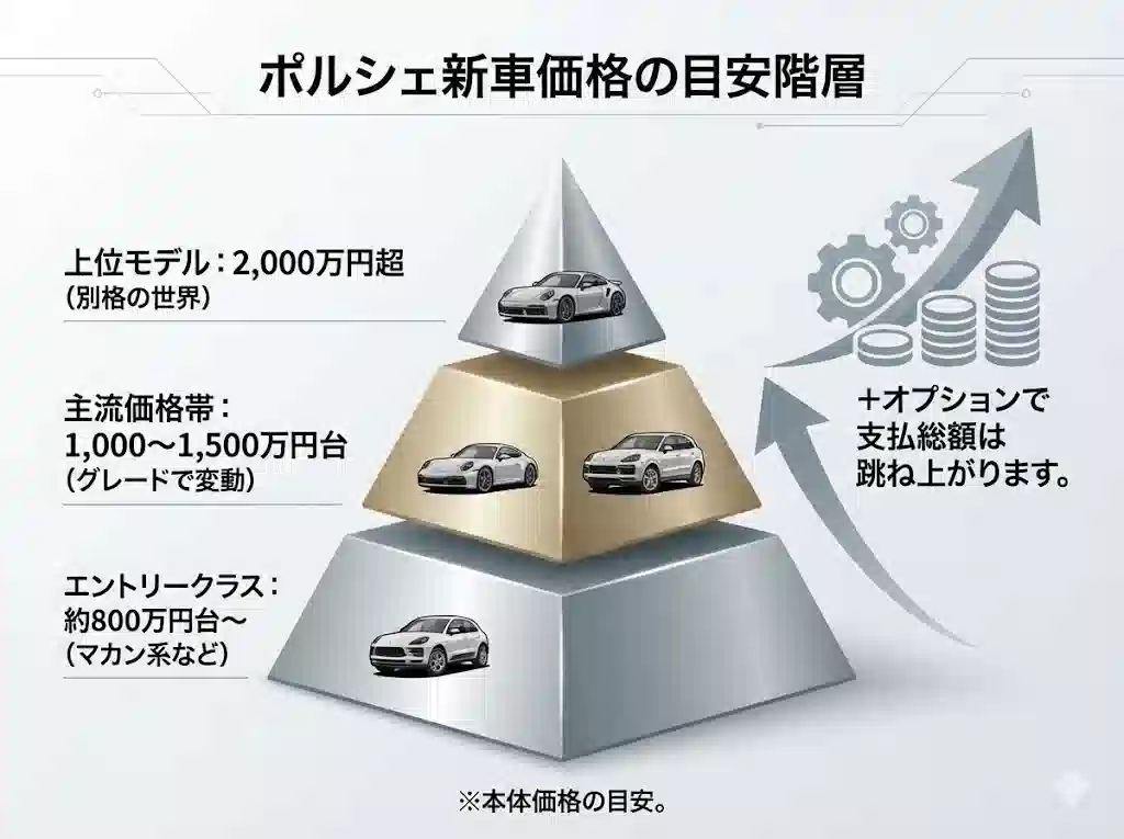 インフォグラフィック。「ポルシェ新車価格の目安階層」というタイトル。3層のピラミッド構造で、下段に「エントリークラス：約800万円台〜（マカン系など）」、中段に「主流価格帯：1,000〜1,500万円台（グレードで変動）」、上段に「上位モデル：2,000万円超（別格の世界）」と表示。右側には上昇する矢印とコインのイラストとともに「＋オプションで支払総額は跳ね上がります。」という注釈があり、下部には「※本体価格の目安。」と記載されている。