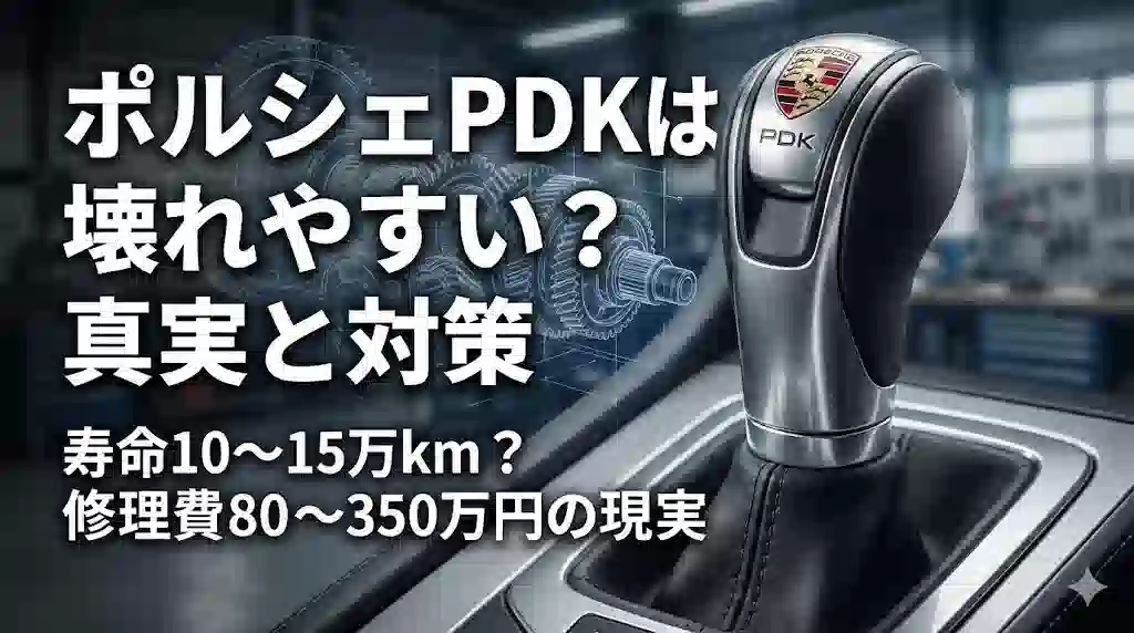 ポルシェのPDKシフトノブのクローズアップ背景に、歯車のメカニズムと「壊れやすい？」「修理費80~250万円」という日本語テキストが表示されているアイキャッチ画像。