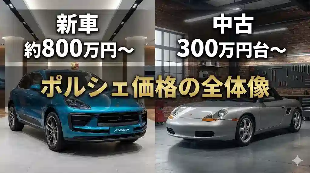 左側に青いポルシェ・マカンの新車と「新車 約800万円〜」、右側に銀色のポルシェ・ボクスターの中古車と「中古 300万円台〜」の文字。中央に大きく「ポルシェ価格の全体像」というタイトルが表示されている。新車ショールームと中古車ガレージの対比構図で、価格の幅広さを表現している。