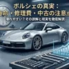 ポルシェ911が整備ガレージに停まっており、背景には時計とカレンダーのアイコン、前景には工具と修理費を示すグラフが浮かび上がっているアイキャッチ画像。「ポルシェの真実：寿命・修理費・中古の注意点」という日本語テキストが配置されている。