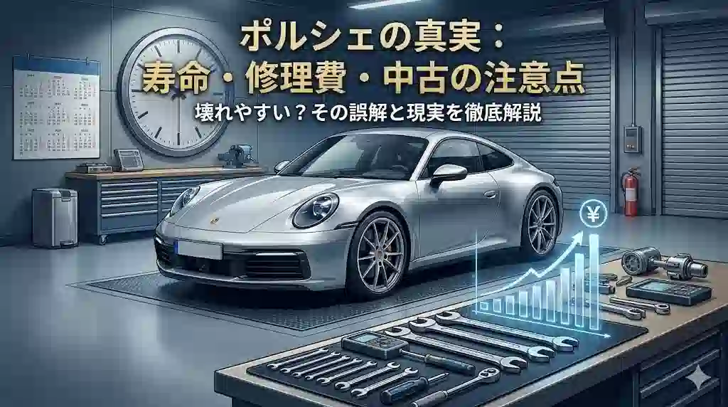 ポルシェ911が整備ガレージに停まっており、背景には時計とカレンダーのアイコン、前景には工具と修理費を示すグラフが浮かび上がっているアイキャッチ画像。「ポルシェの真実：寿命・修理費・中古の注意点」という日本語テキストが配置されている。