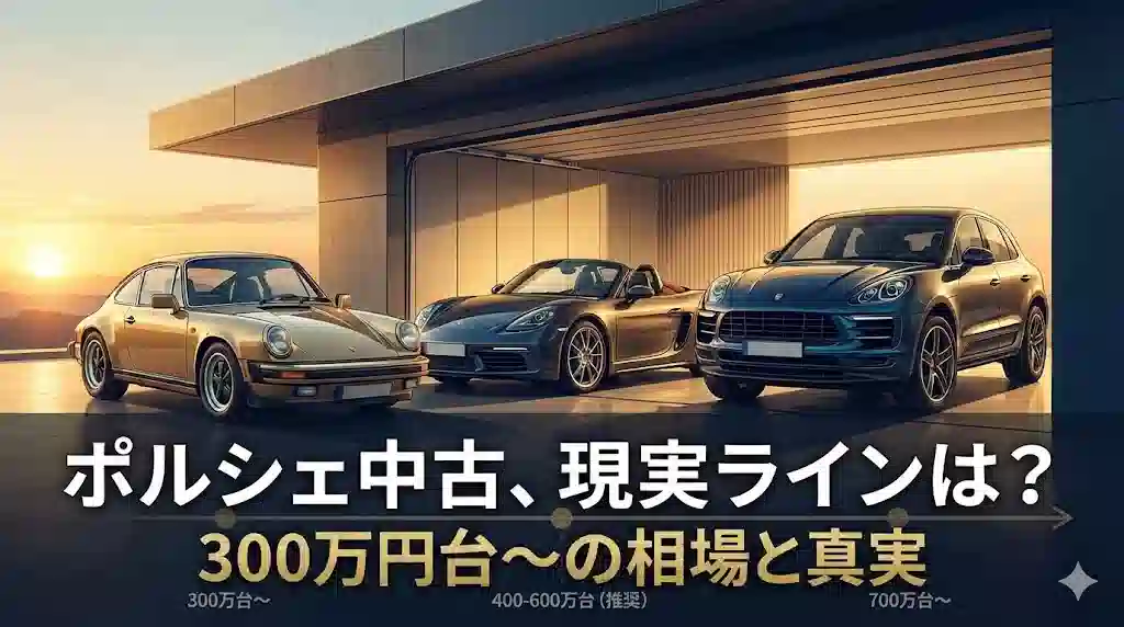 夕暮れのモダンなガレージに並ぶポルシェ911、ボクスター、マカンの3台。「ポルシェ中古、現実ラインは？300万円台〜の相場と真実」というタイトルと、300万円台、400-600万円台（推奨）、700万円台〜の価格帯を示すグラフィックが表示されたブログ記事のアイキャッチ画像。