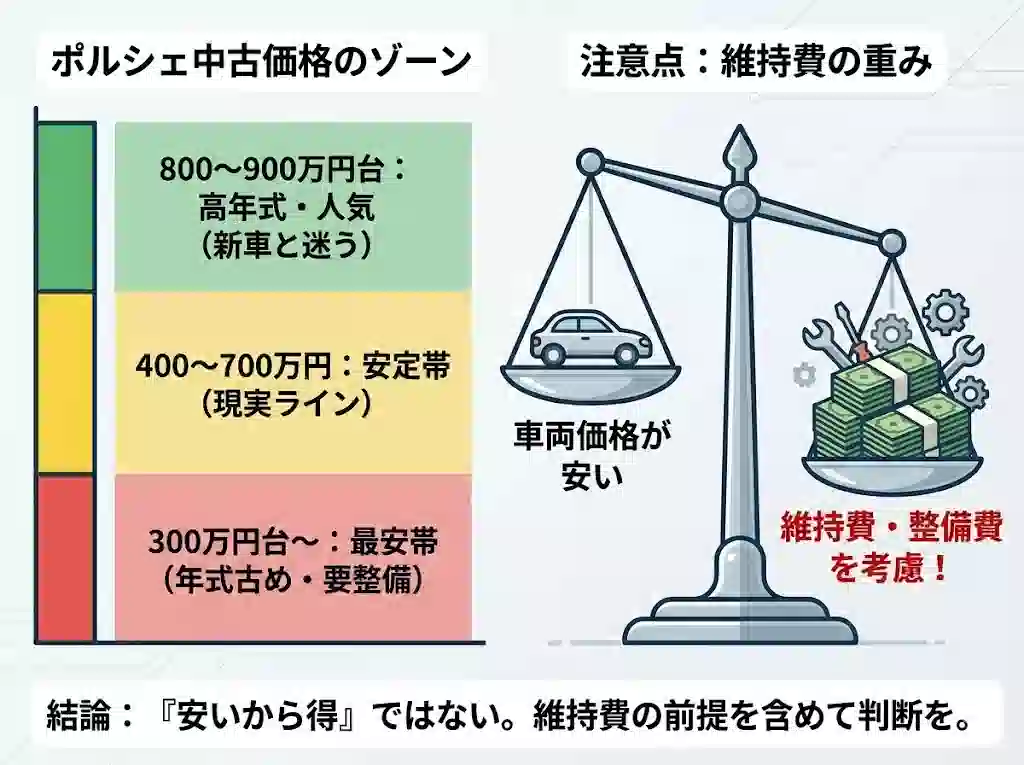 インフォグラフィック。左側に「ポルシェ中古価格のゾーン」を示す縦グラフがあり、上から緑色で「800〜900万円台：高年式・人気（新車と迷う）」、黄色で「400〜700万円：安定帯（現実ライン）」、赤色で「300万円台〜：最安帯（年式古め・要整備）」と表示。右側には「注意点：維持費の重み」を示す天秤のイラストがあり、左の皿の「車両価格が安い」よりも、右の皿の「維持費・整備費を考慮！」（札束と工具のイラスト）の方が重く描かれている。最下部に「結論：『安いから得』ではない。維持費の前提を含めて判断を。」というテキストがある。
