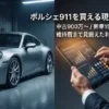 高級ガレージに停まるポルシェ911の実車と、その横でタブレットに表示された財務グラフや計算機を見ているビジネスパーソンの手元。