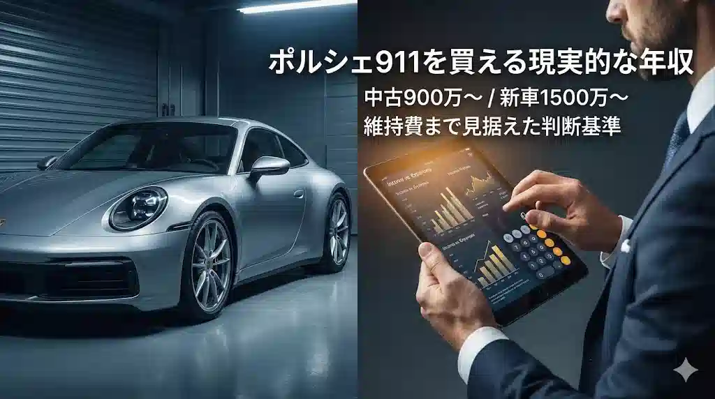 高級ガレージに停まるポルシェ911の実車と、その横でタブレットに表示された財務グラフや計算機を見ているビジネスパーソンの手元。