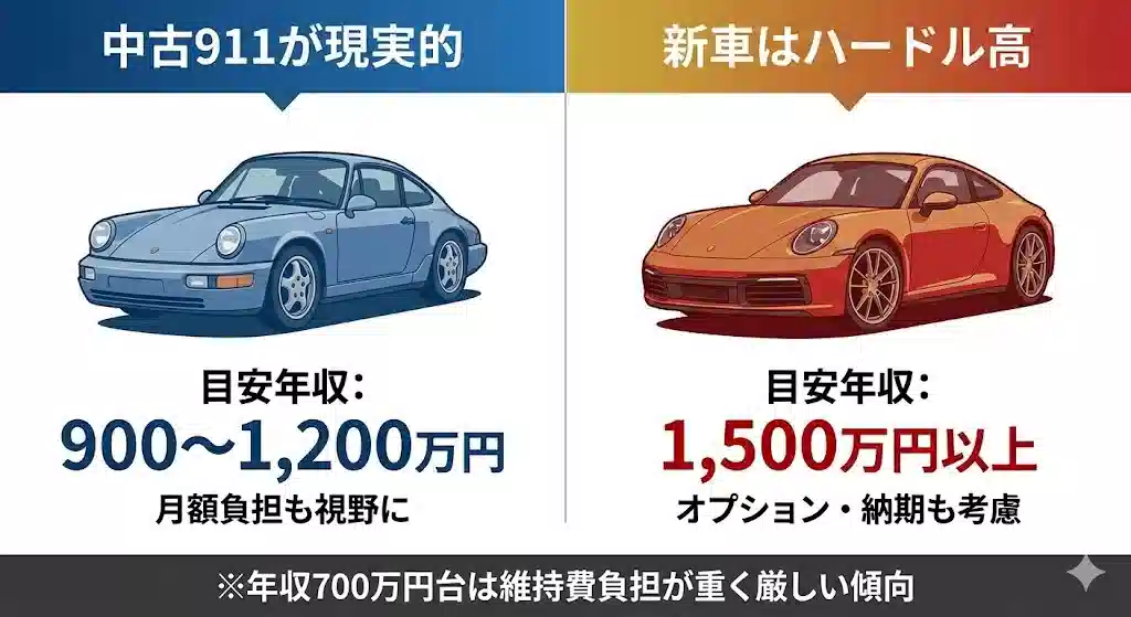 ポルシェ911の新車と中古車を比較したインフォグラフィック。中古車は年収900〜1,200万円、新車は年収1,500万円以上が必要という目安が示されている。