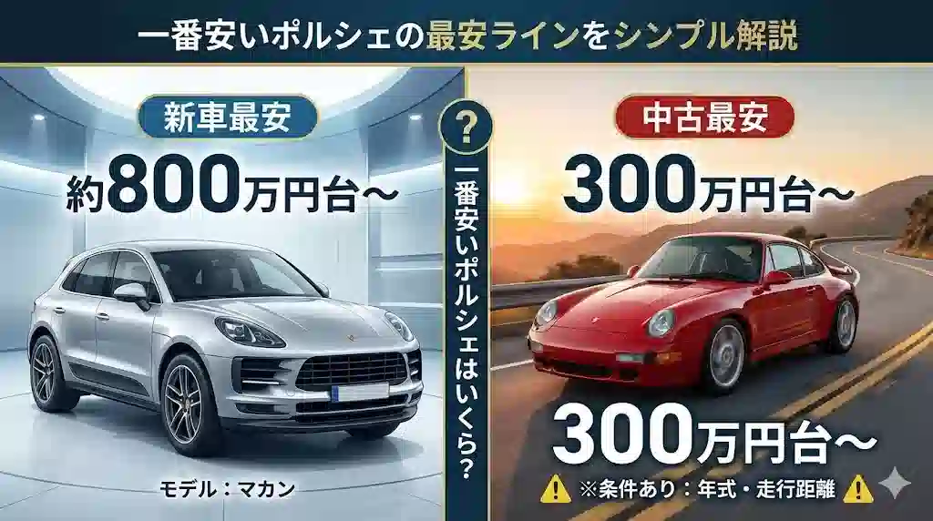 一番安いポルシェの価格比較アイキャッチ。左側に新車マカン（約800万円台〜）、右側に中古ポルシェ（300万円台〜、条件あり）を配置し、中央で対比させている。