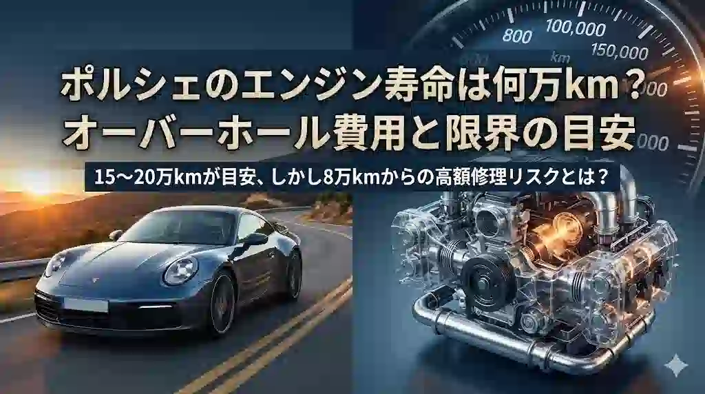 ポルシェ911の走行シーンと、エンジン内部構造、オドメーターを組み合わせたアイキャッチ画像。「ポルシェのエンジン寿命は何万km？」というタイトルと、「15〜20万kmが目安、しかし8万kmからの高額修理リスクとは？」というサブタイトルが表示されている。