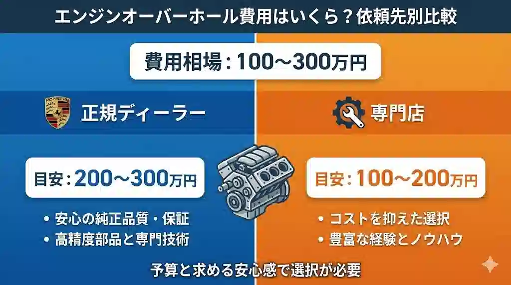 ポルシェのエンジンオーバーホール費用を正規ディーラーと専門店で比較したインフォグラフィック。全体の費用相場は100〜300万円。左側の正規ディーラーは目安200〜300万円、右側の専門店は目安100〜200万円と表示され、それぞれの特徴が箇条書きされている。