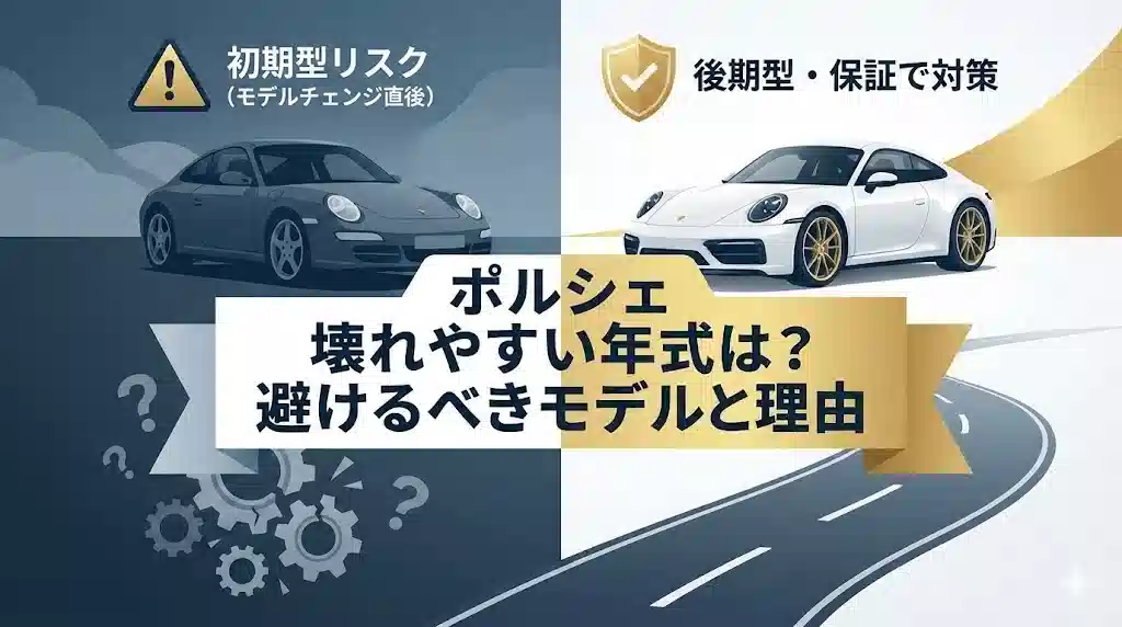 ポルシェの壊れやすい年式（初期型リスク）と対策（後期型・保証）を対比させたアイキャッチ画像。左側は暗いトーンで初期型モデルとリスクを、右側は明るいトーンで後期型モデルと保証による安心を表現し、中央に記事タイトルが配置されている。