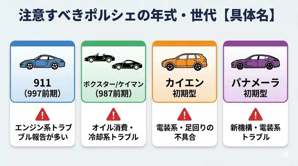 「注意すべきポルシェの年式・世代【具体名】」というタイトルのインフォグラフィック。911(997前期)、ボクスター/ケイマン(987前期)、カイエン初期型、パナメーラ初期型の4つのモデルが、それぞれのアイコンと主なトラブル理由(エンジン系、オイル消費、電装系など)とともにカード形式で示されている。