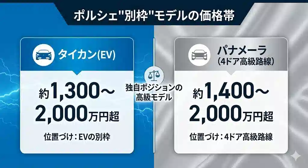 ポルシェ独自ポジションの高級モデル「タイカン」と「パナメーラ」の価格帯比較インフォグラフィック。左側のEVモデル「タイカン」は約1,300〜2,000万円超、右側の4ドア高級路線「パナメーラ」は約1,400〜2,000万円超であることを、左右対称のレイアウトと天秤のアイコンを用いて対比している。