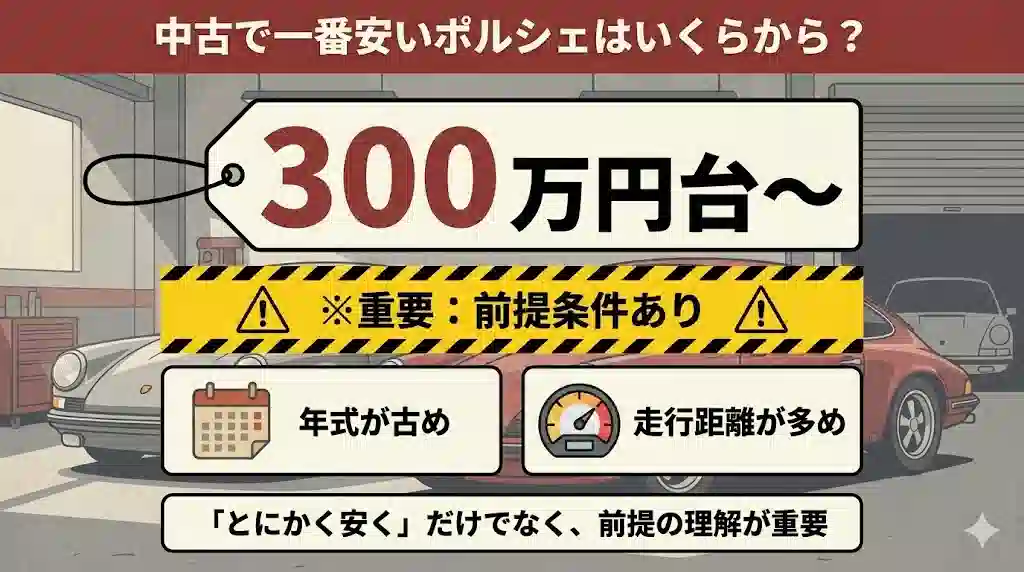 中古で一番安いポルシェのインフォグラフィック。価格が300万円台からであることを示す大きなタグの下に、黄色い警告バーで「※重要：前提条件あり」と表示し、「年式が古め」「走行距離が多め」という具体的な条件をアイコン付きで説明している。